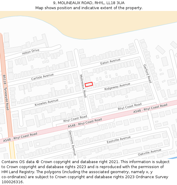 9, MOLINEAUX ROAD, RHYL, LL18 3UA: Location map and indicative extent of plot