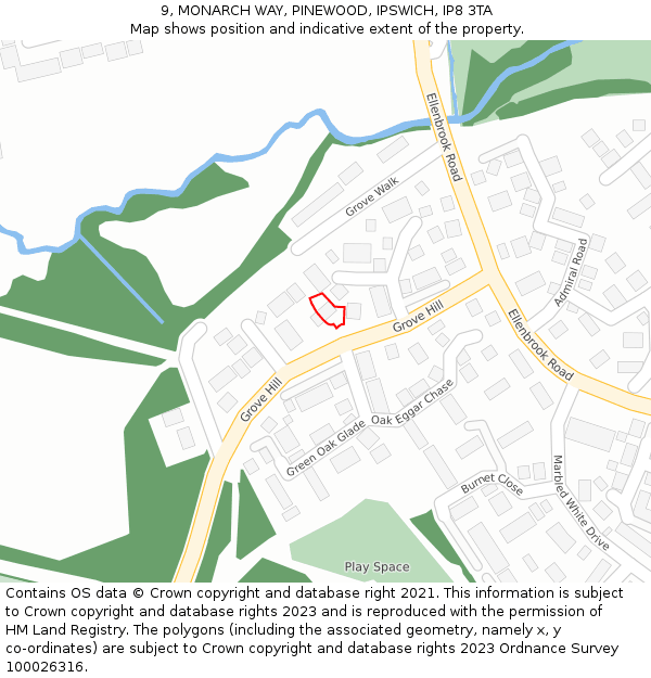 9, MONARCH WAY, PINEWOOD, IPSWICH, IP8 3TA: Location map and indicative extent of plot
