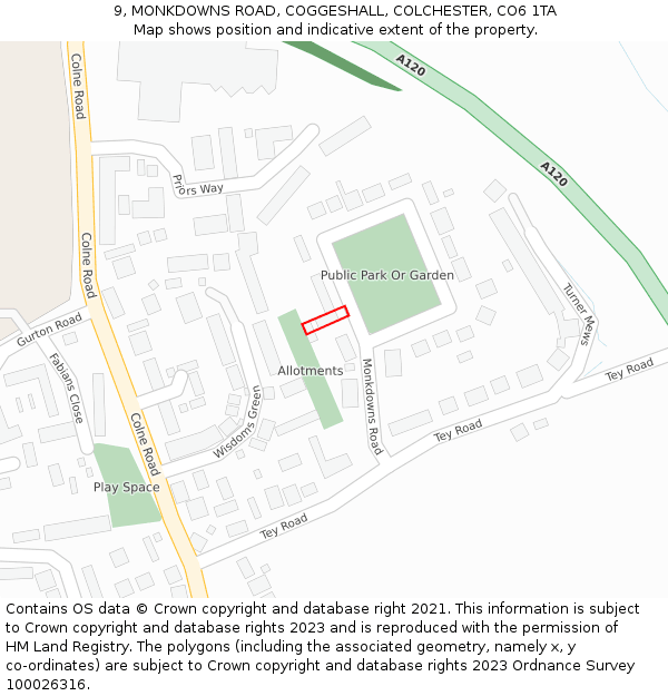 9, MONKDOWNS ROAD, COGGESHALL, COLCHESTER, CO6 1TA: Location map and indicative extent of plot