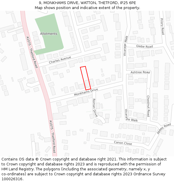 9, MONKHAMS DRIVE, WATTON, THETFORD, IP25 6PE: Location map and indicative extent of plot