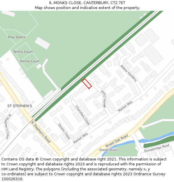 9, MONKS CLOSE, CANTERBURY, CT2 7ET: Location map and indicative extent of plot