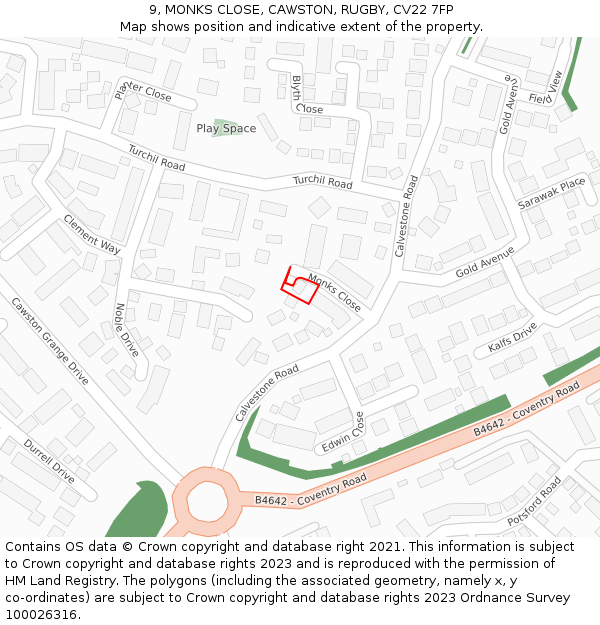 9, MONKS CLOSE, CAWSTON, RUGBY, CV22 7FP: Location map and indicative extent of plot