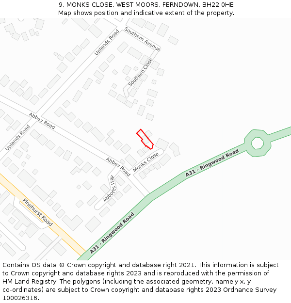 9, MONKS CLOSE, WEST MOORS, FERNDOWN, BH22 0HE: Location map and indicative extent of plot