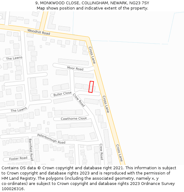 9, MONKWOOD CLOSE, COLLINGHAM, NEWARK, NG23 7SY: Location map and indicative extent of plot