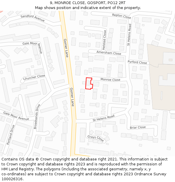 9, MONROE CLOSE, GOSPORT, PO12 2RT: Location map and indicative extent of plot