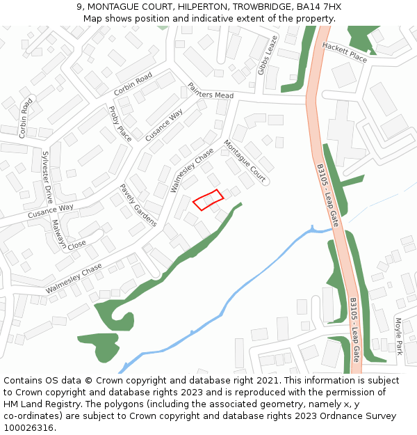 9, MONTAGUE COURT, HILPERTON, TROWBRIDGE, BA14 7HX: Location map and indicative extent of plot