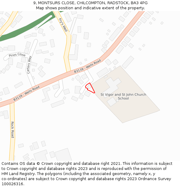 9, MONTSURS CLOSE, CHILCOMPTON, RADSTOCK, BA3 4PG: Location map and indicative extent of plot