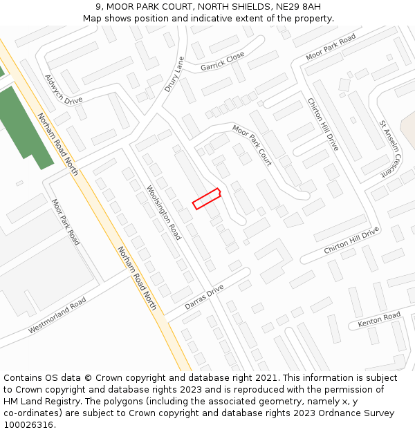 9, MOOR PARK COURT, NORTH SHIELDS, NE29 8AH: Location map and indicative extent of plot