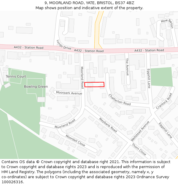 9, MOORLAND ROAD, YATE, BRISTOL, BS37 4BZ: Location map and indicative extent of plot