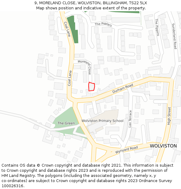 9, MORELAND CLOSE, WOLVISTON, BILLINGHAM, TS22 5LX: Location map and indicative extent of plot