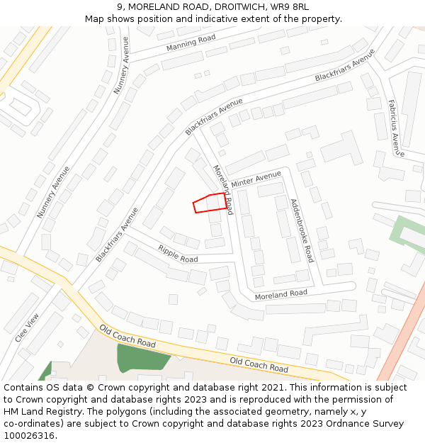 9, MORELAND ROAD, DROITWICH, WR9 8RL: Location map and indicative extent of plot