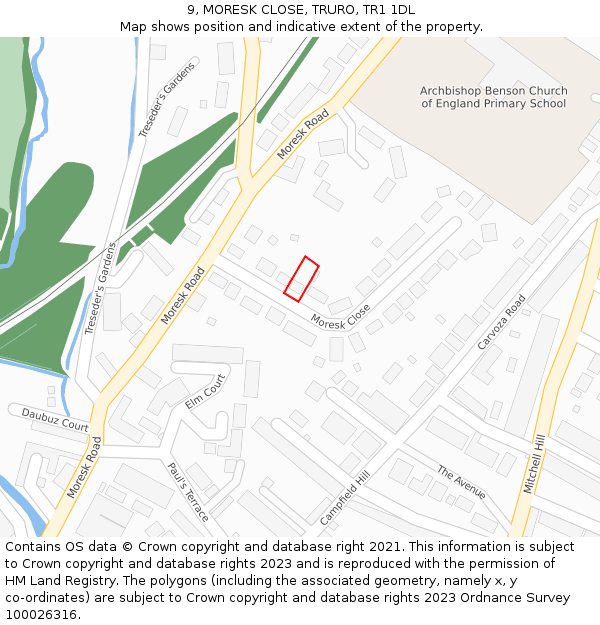 9, MORESK CLOSE, TRURO, TR1 1DL: Location map and indicative extent of plot
