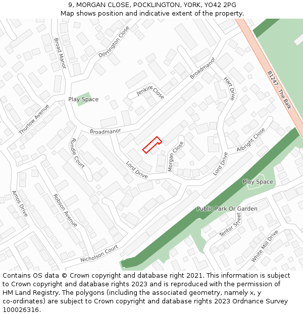 9, MORGAN CLOSE, POCKLINGTON, YORK, YO42 2PG: Location map and indicative extent of plot