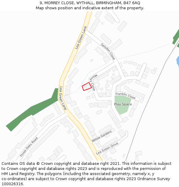 9, MORREY CLOSE, WYTHALL, BIRMINGHAM, B47 6AQ: Location map and indicative extent of plot
