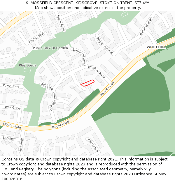 9, MOSSFIELD CRESCENT, KIDSGROVE, STOKE-ON-TRENT, ST7 4YA: Location map and indicative extent of plot