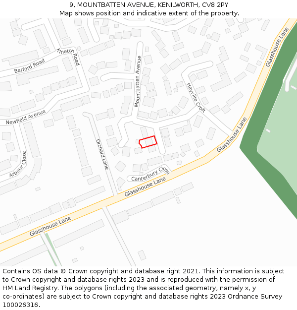 9, MOUNTBATTEN AVENUE, KENILWORTH, CV8 2PY: Location map and indicative extent of plot