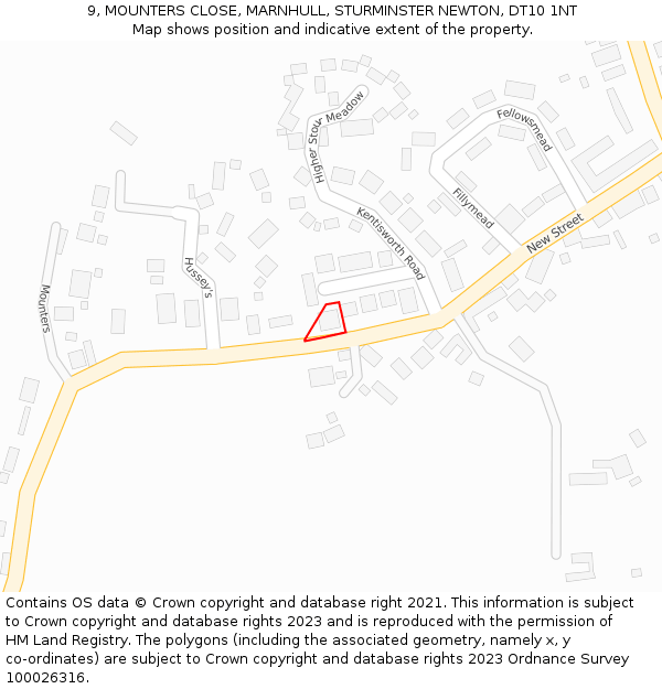 9, MOUNTERS CLOSE, MARNHULL, STURMINSTER NEWTON, DT10 1NT: Location map and indicative extent of plot