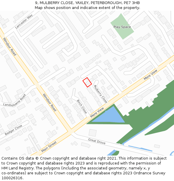 9, MULBERRY CLOSE, YAXLEY, PETERBOROUGH, PE7 3HB: Location map and indicative extent of plot