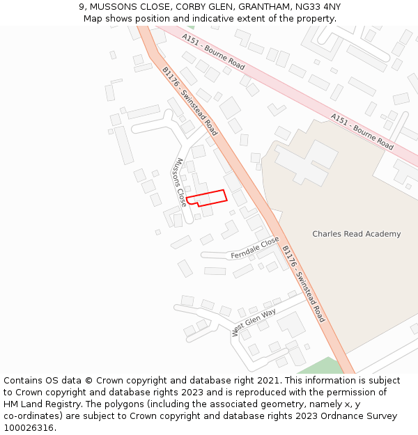 9, MUSSONS CLOSE, CORBY GLEN, GRANTHAM, NG33 4NY: Location map and indicative extent of plot