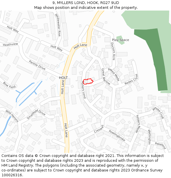 9, MYLLERS LOND, HOOK, RG27 9UD: Location map and indicative extent of plot