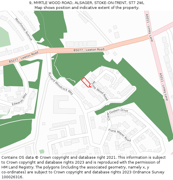 9, MYRTLE WOOD ROAD, ALSAGER, STOKE-ON-TRENT, ST7 2WL: Location map and indicative extent of plot