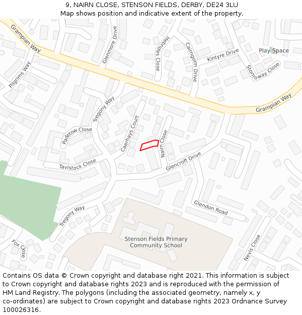 9, NAIRN CLOSE, STENSON FIELDS, DERBY, DE24 3LU: Location map and indicative extent of plot