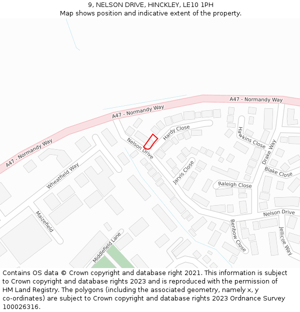 9, NELSON DRIVE, HINCKLEY, LE10 1PH: Location map and indicative extent of plot