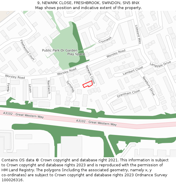 9, NEWARK CLOSE, FRESHBROOK, SWINDON, SN5 8NX: Location map and indicative extent of plot