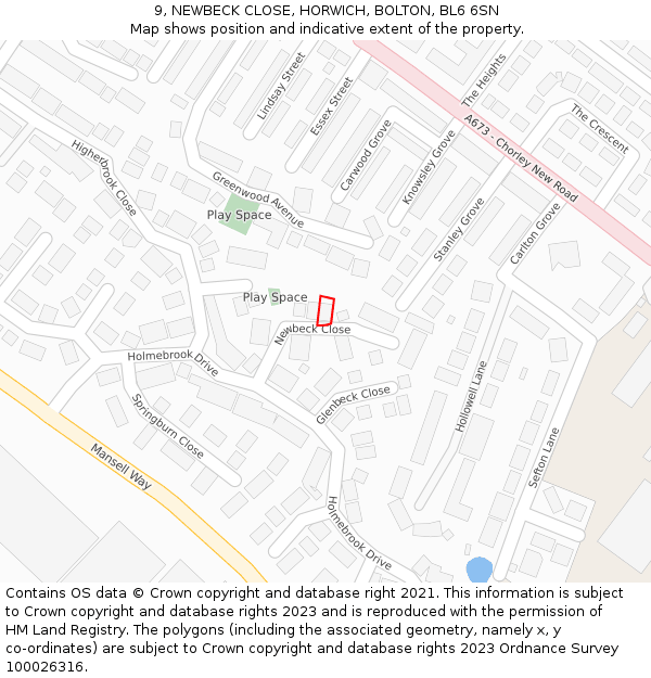 9, NEWBECK CLOSE, HORWICH, BOLTON, BL6 6SN: Location map and indicative extent of plot