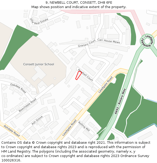 9, NEWBELL COURT, CONSETT, DH8 6FE: Location map and indicative extent of plot