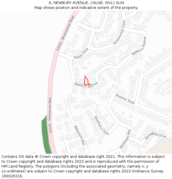 9, NEWBURY AVENUE, CALNE, SN11 9UN: Location map and indicative extent of plot