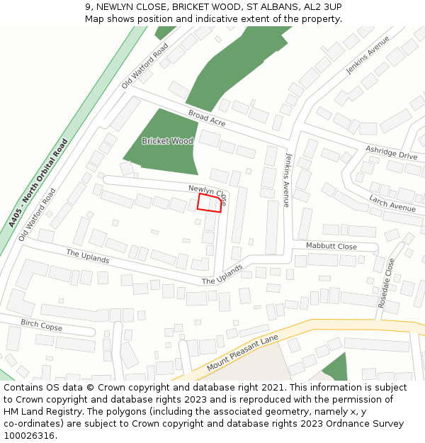 9, NEWLYN CLOSE, BRICKET WOOD, ST ALBANS, AL2 3UP: Location map and indicative extent of plot