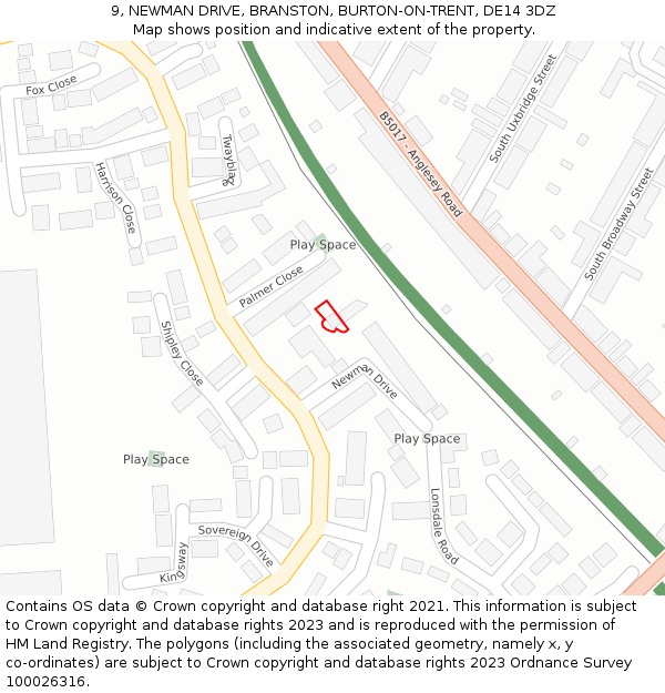 9, NEWMAN DRIVE, BRANSTON, BURTON-ON-TRENT, DE14 3DZ: Location map and indicative extent of plot