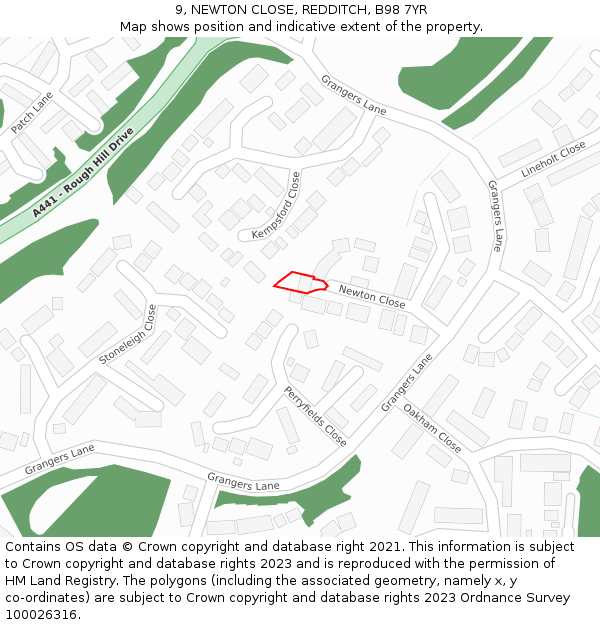 9, NEWTON CLOSE, REDDITCH, B98 7YR: Location map and indicative extent of plot