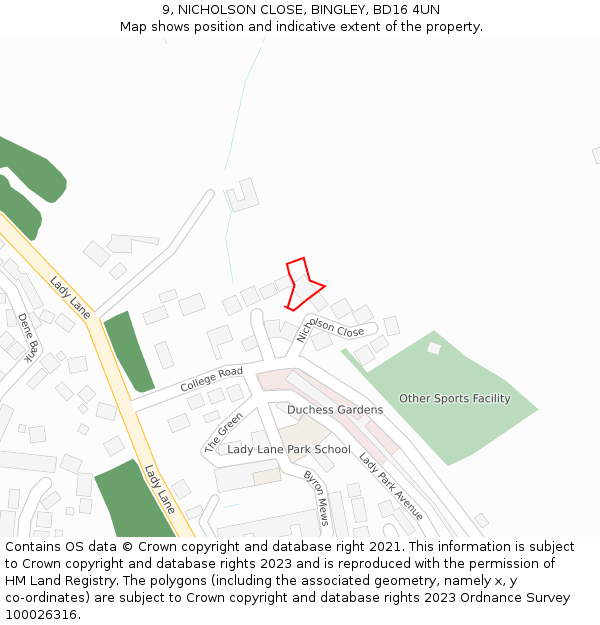 9, NICHOLSON CLOSE, BINGLEY, BD16 4UN: Location map and indicative extent of plot