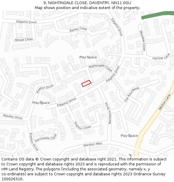 9, NIGHTINGALE CLOSE, DAVENTRY, NN11 0GU: Location map and indicative extent of plot