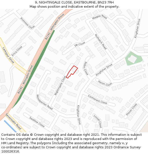 9, NIGHTINGALE CLOSE, EASTBOURNE, BN23 7RH: Location map and indicative extent of plot