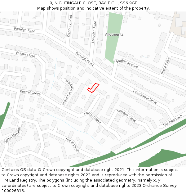 9, NIGHTINGALE CLOSE, RAYLEIGH, SS6 9GE: Location map and indicative extent of plot