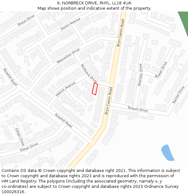 9, NORBRECK DRIVE, RHYL, LL18 4UA: Location map and indicative extent of plot