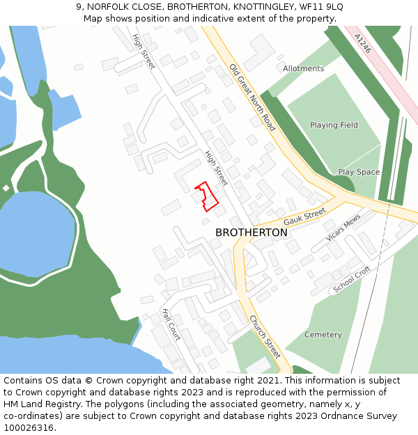 9, NORFOLK CLOSE, BROTHERTON, KNOTTINGLEY, WF11 9LQ: Location map and indicative extent of plot