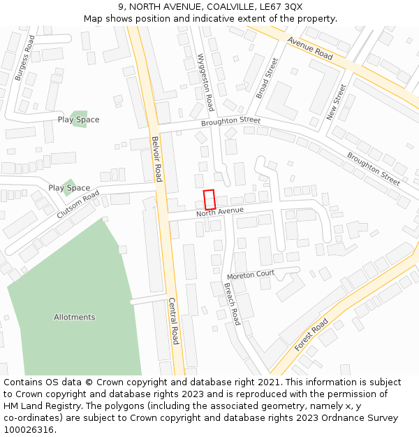 9, NORTH AVENUE, COALVILLE, LE67 3QX: Location map and indicative extent of plot