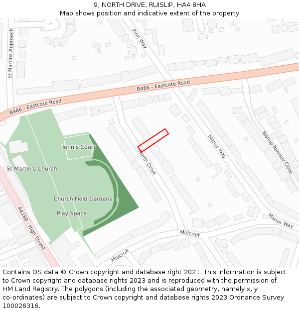 9, NORTH DRIVE, RUISLIP, HA4 8HA: Location map and indicative extent of plot