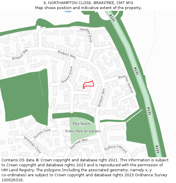 9, NORTHAMPTON CLOSE, BRAINTREE, CM7 9FG: Location map and indicative extent of plot