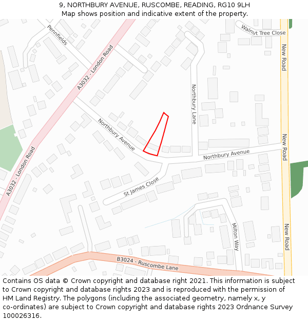 9, NORTHBURY AVENUE, RUSCOMBE, READING, RG10 9LH: Location map and indicative extent of plot