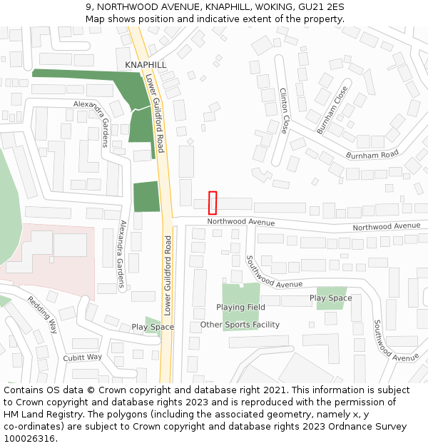 9, NORTHWOOD AVENUE, KNAPHILL, WOKING, GU21 2ES: Location map and indicative extent of plot