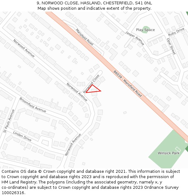 9, NORWOOD CLOSE, HASLAND, CHESTERFIELD, S41 0NL: Location map and indicative extent of plot