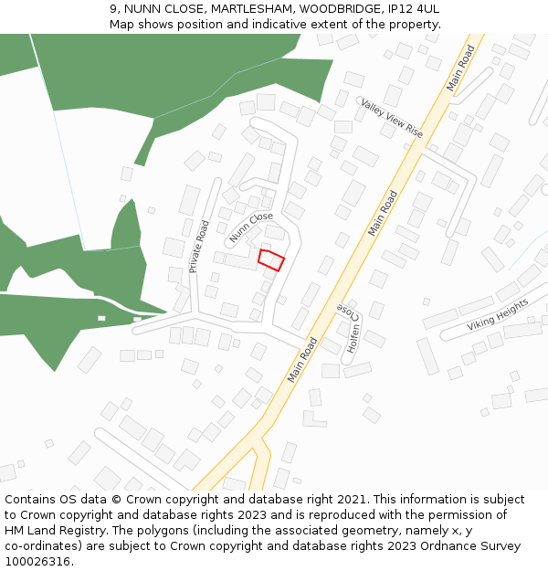 9, NUNN CLOSE, MARTLESHAM, WOODBRIDGE, IP12 4UL: Location map and indicative extent of plot