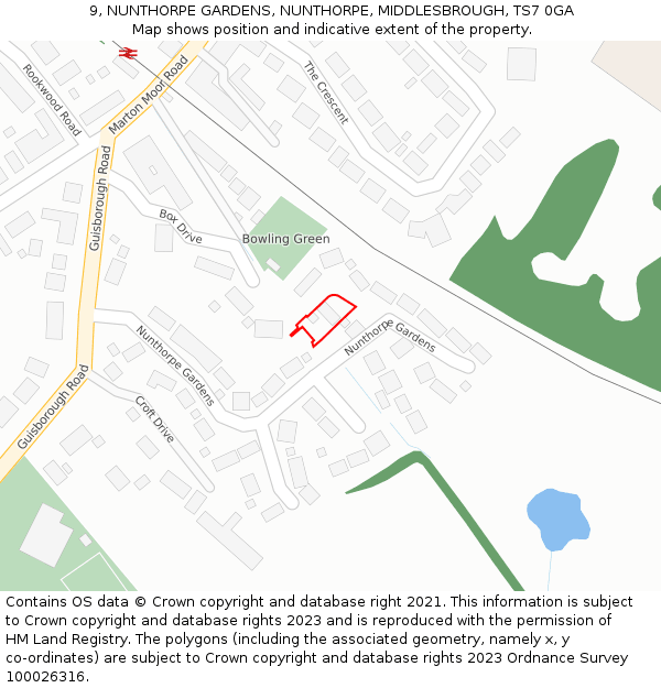 9, NUNTHORPE GARDENS, NUNTHORPE, MIDDLESBROUGH, TS7 0GA: Location map and indicative extent of plot