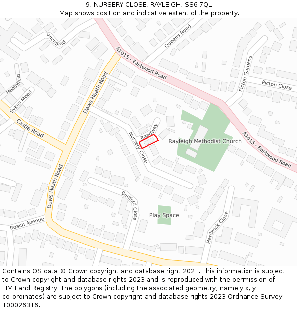 9, NURSERY CLOSE, RAYLEIGH, SS6 7QL: Location map and indicative extent of plot