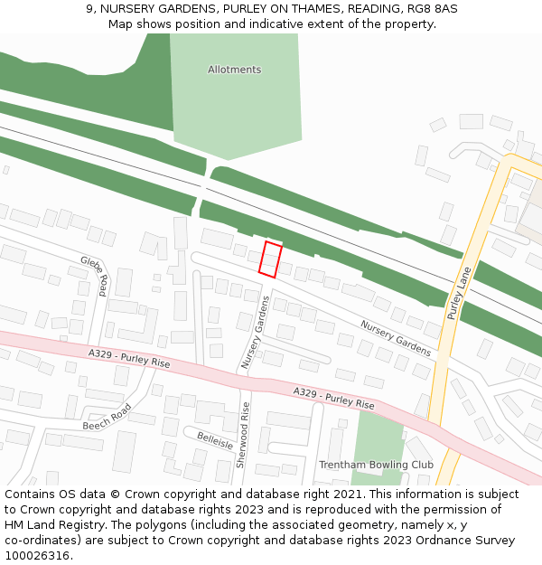 9, NURSERY GARDENS, PURLEY ON THAMES, READING, RG8 8AS: Location map and indicative extent of plot